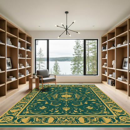 Classic Teal Gold Floral Bird Medallion Rug
