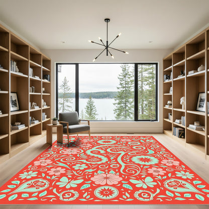 Red Floral Butterfly Peace Medallion Rug
