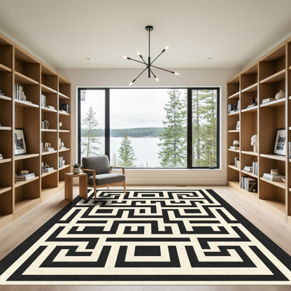 Geometric Black Beige Maze Rug
