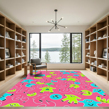 Playful Pink Cartoon Characters And Letters Rug