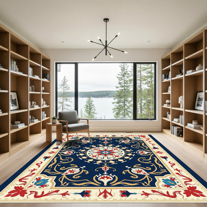 Intricate Deep Blue Floral Medallion Rug