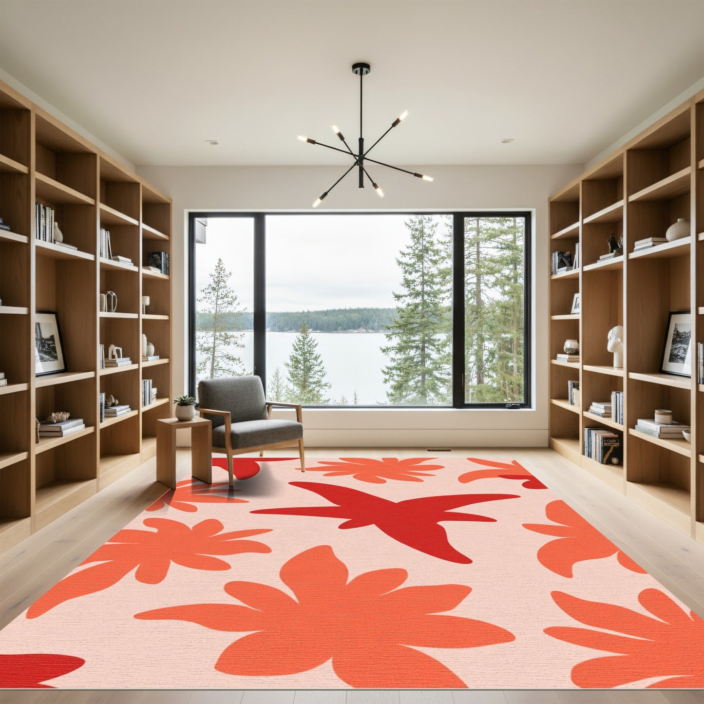 Red Orange Floral Splash Art Rug