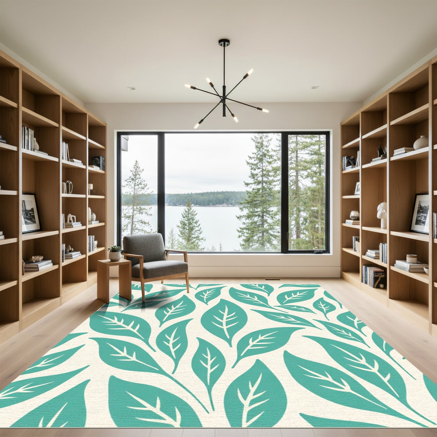 Teal Leafy Branches Cream Background Rug