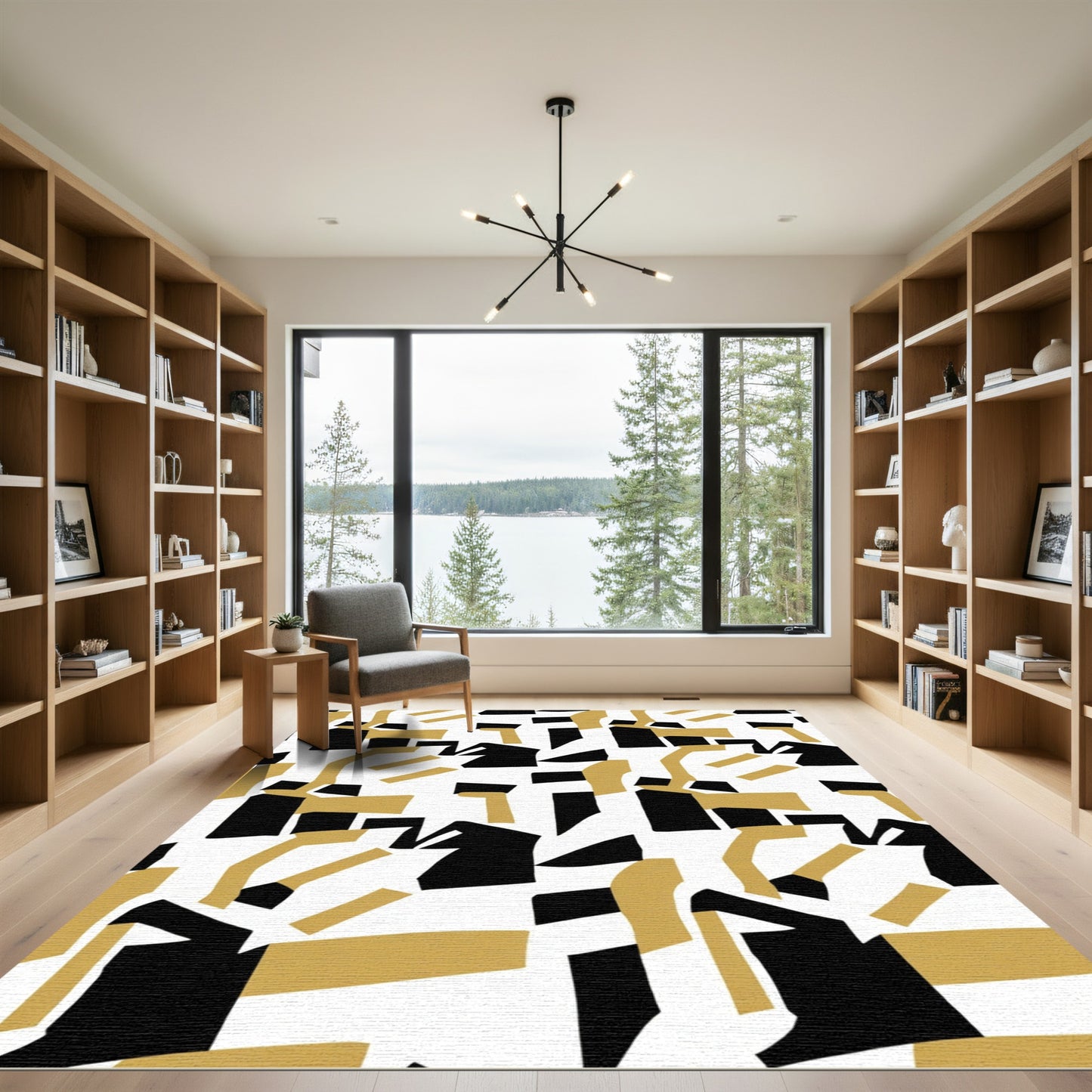 Modern Abstract Black Gold Shapes Rug