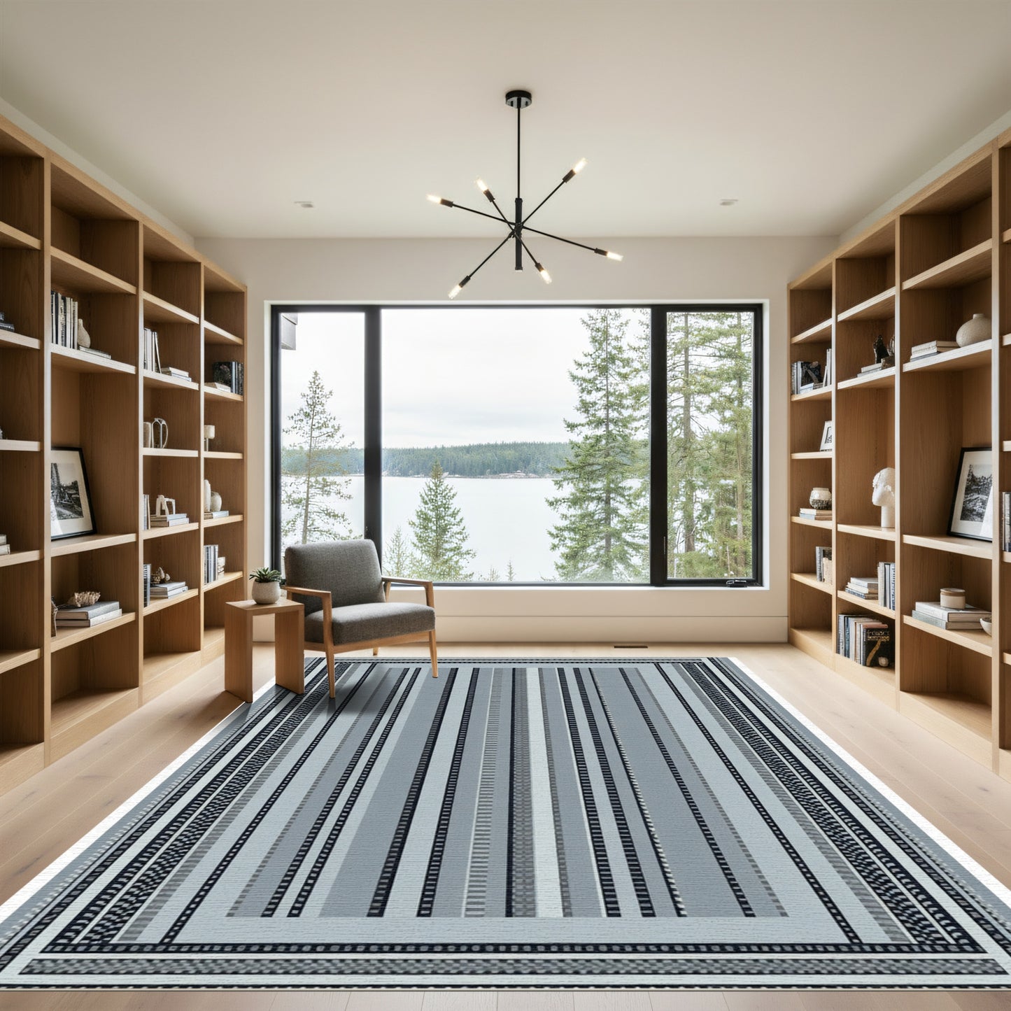 Modern Blue Gray Striped Border Rug