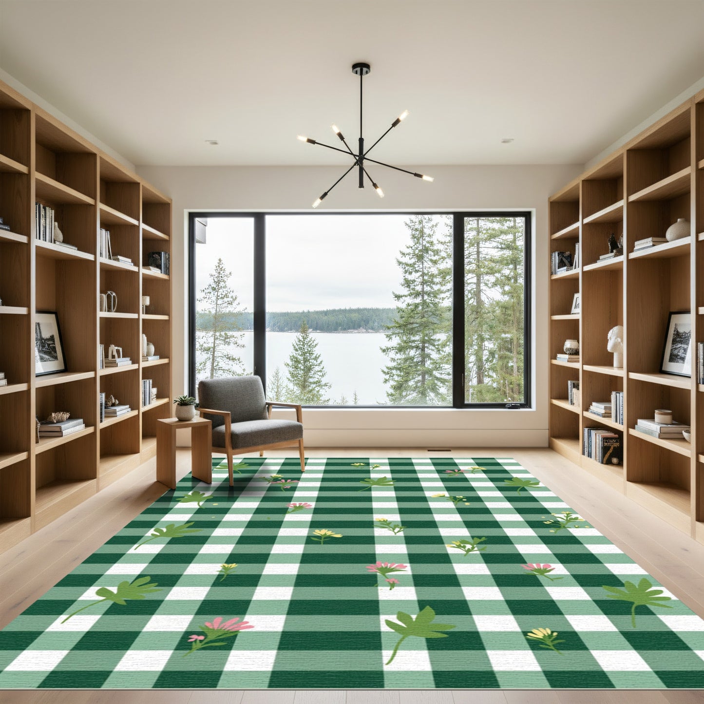 Green White Gingham Floral Meadow Rug
