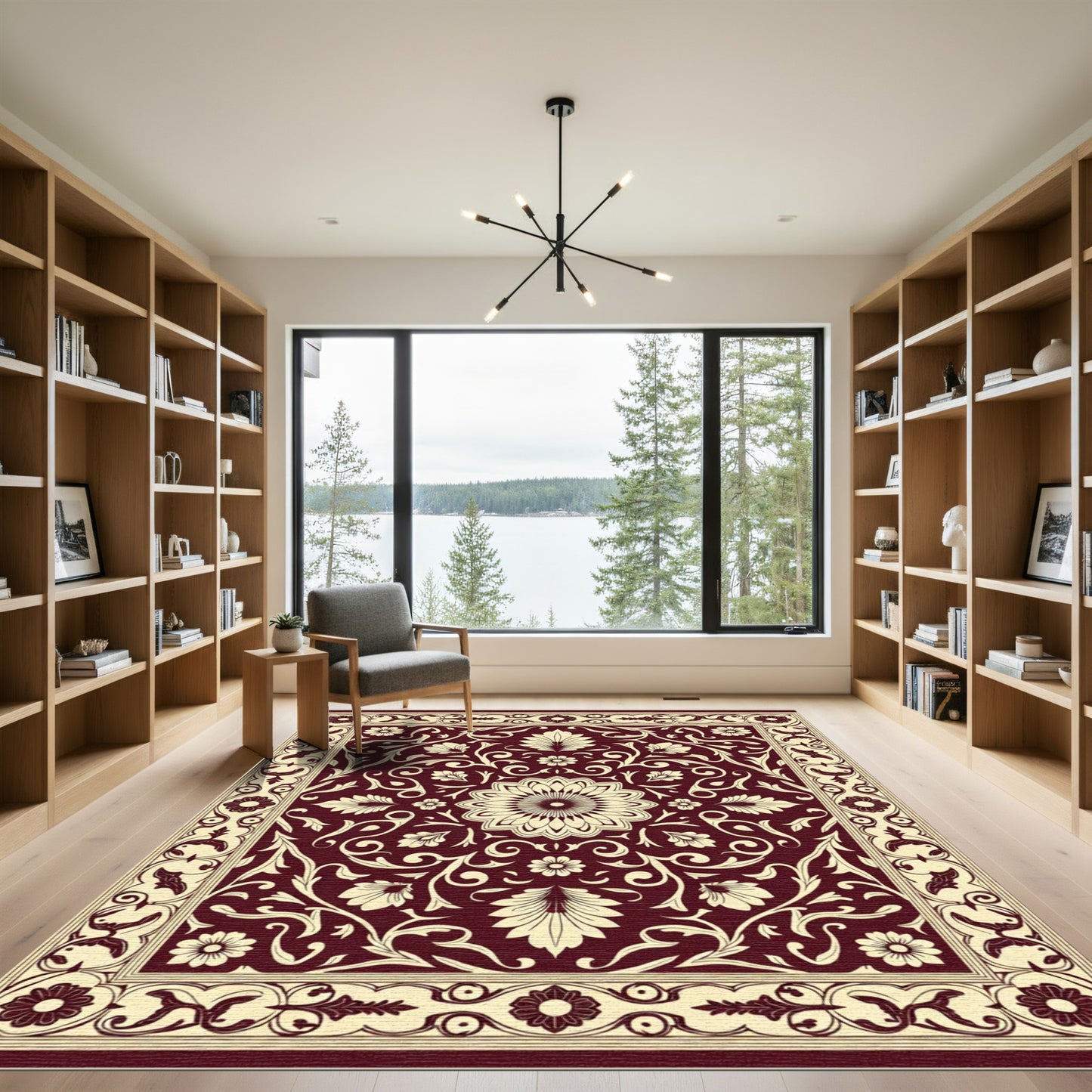 Crimson Floral Leaf Scroll Medallion Rug