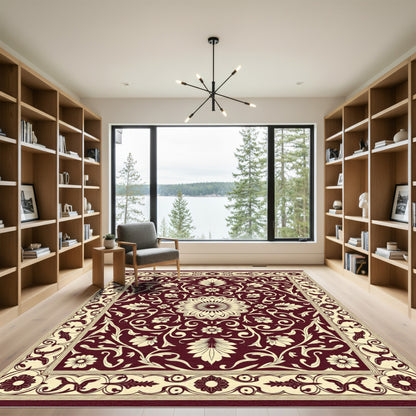 Crimson Floral Leaf Scroll Medallion Rug