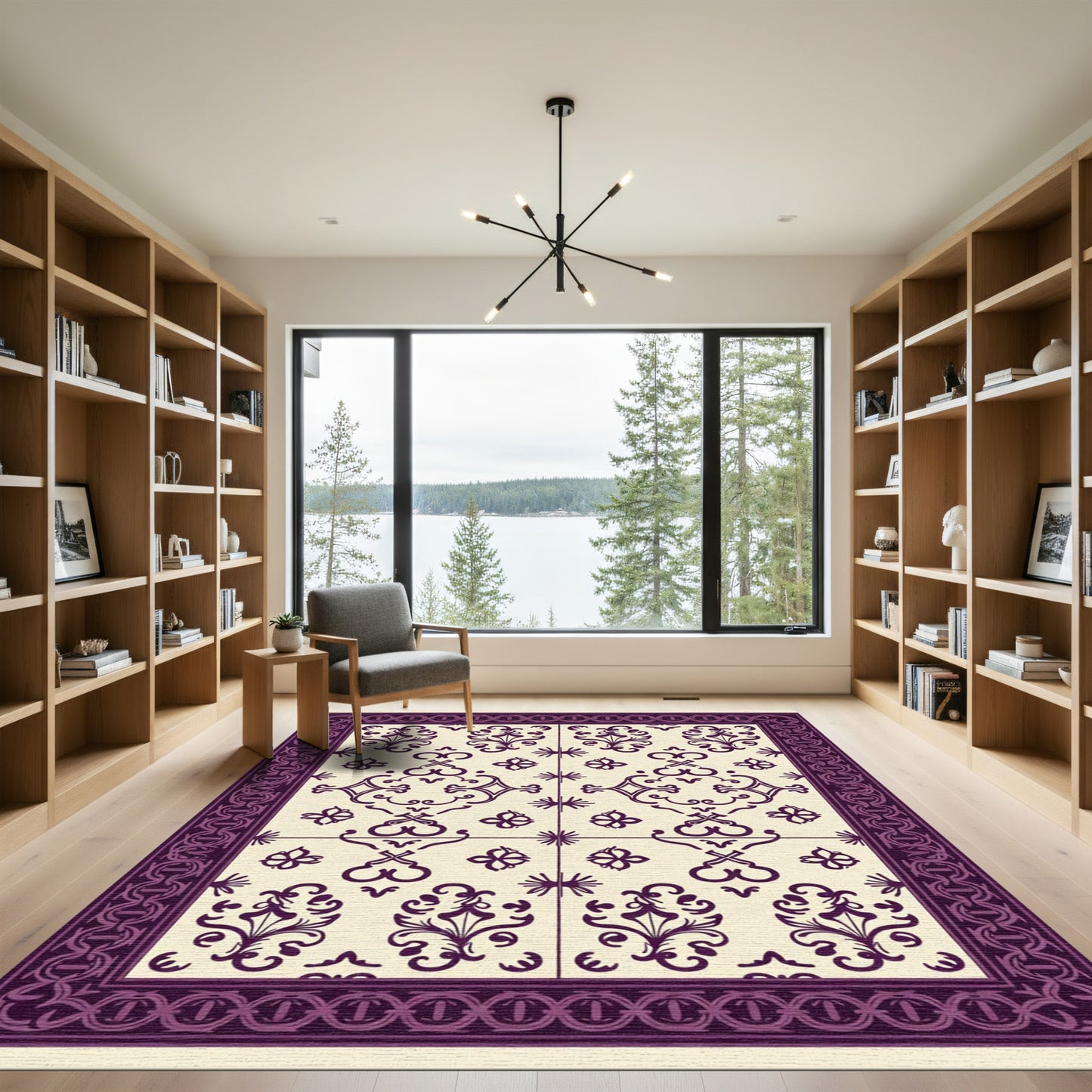 Deep Plum Floral Filigree Border Rug