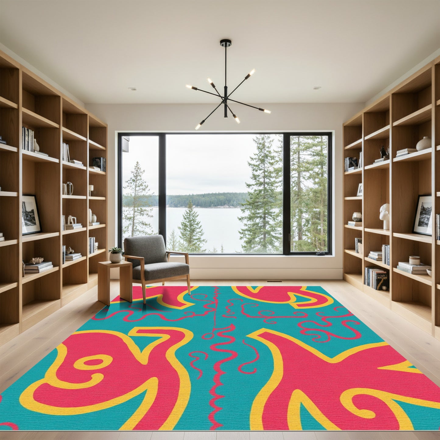 Bright Pink Yellow Teal Abstract Swirls Rug