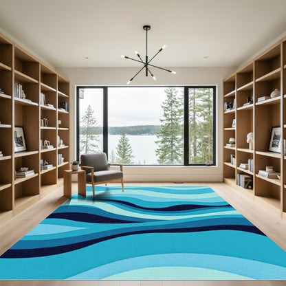Cool Blue Layered Wave Abstract Rug
