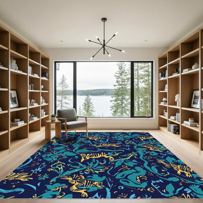 Navy Teal Tiger Floral Jungle Rug