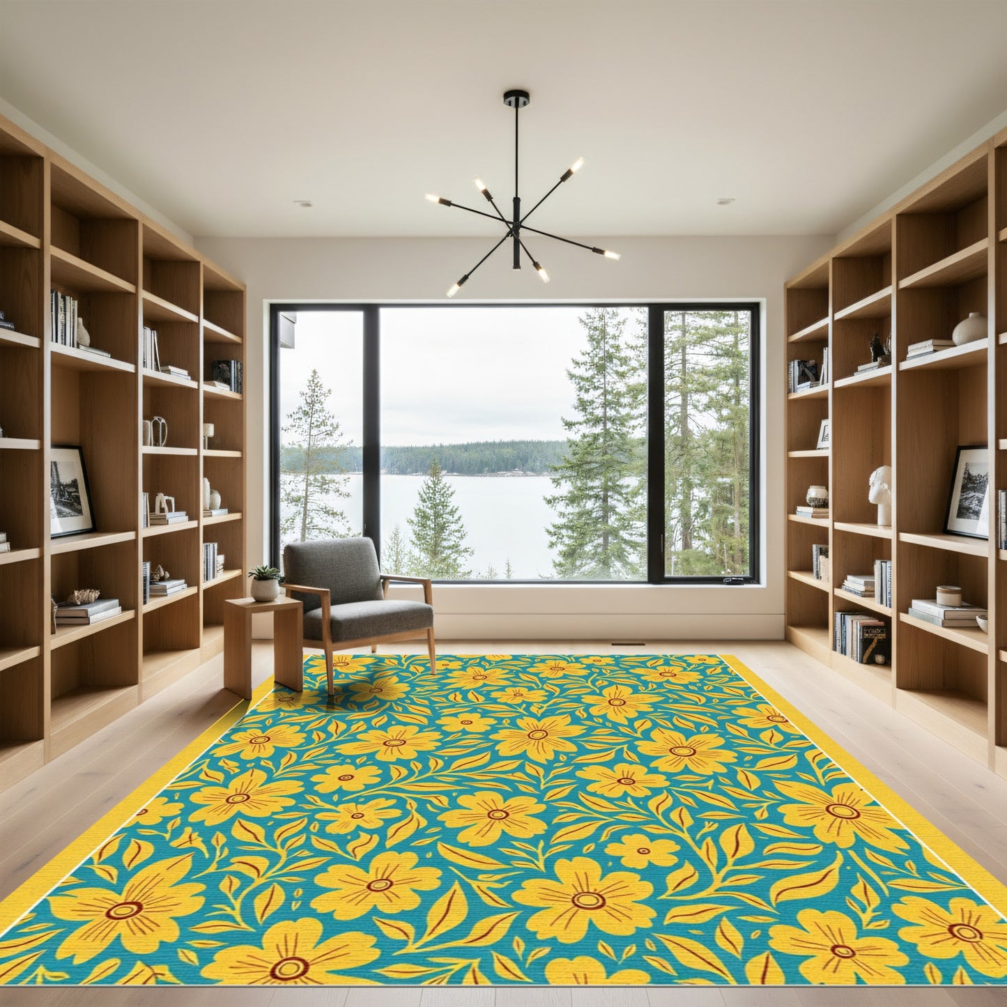 Vibrant Yellow Floral Teal Garden Rug