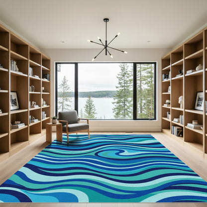 Ocean Blue Wavy Abstract Rug