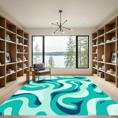 Teal Fluid Swirl Wave Rug