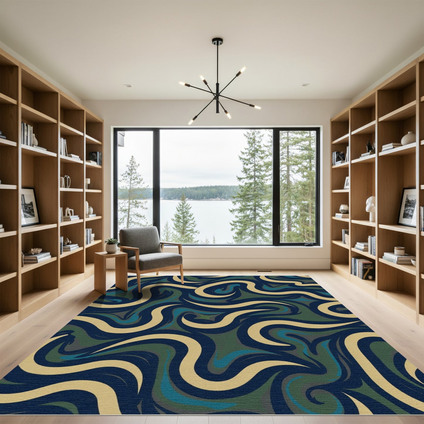 Deep Blue Swirl Cream Green Abstract Rug