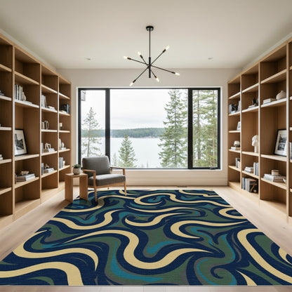 Deep Blue Swirl Cream Green Abstract Rug