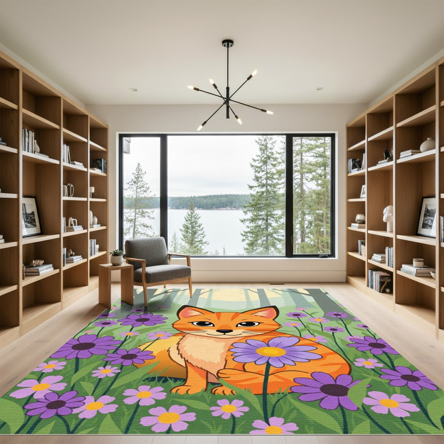 Charming Orange Cat Purple Flower Meadow Rug