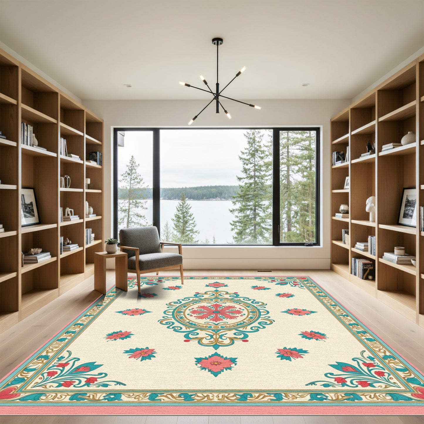 Teal Coral Floral Medallion Cream Rug