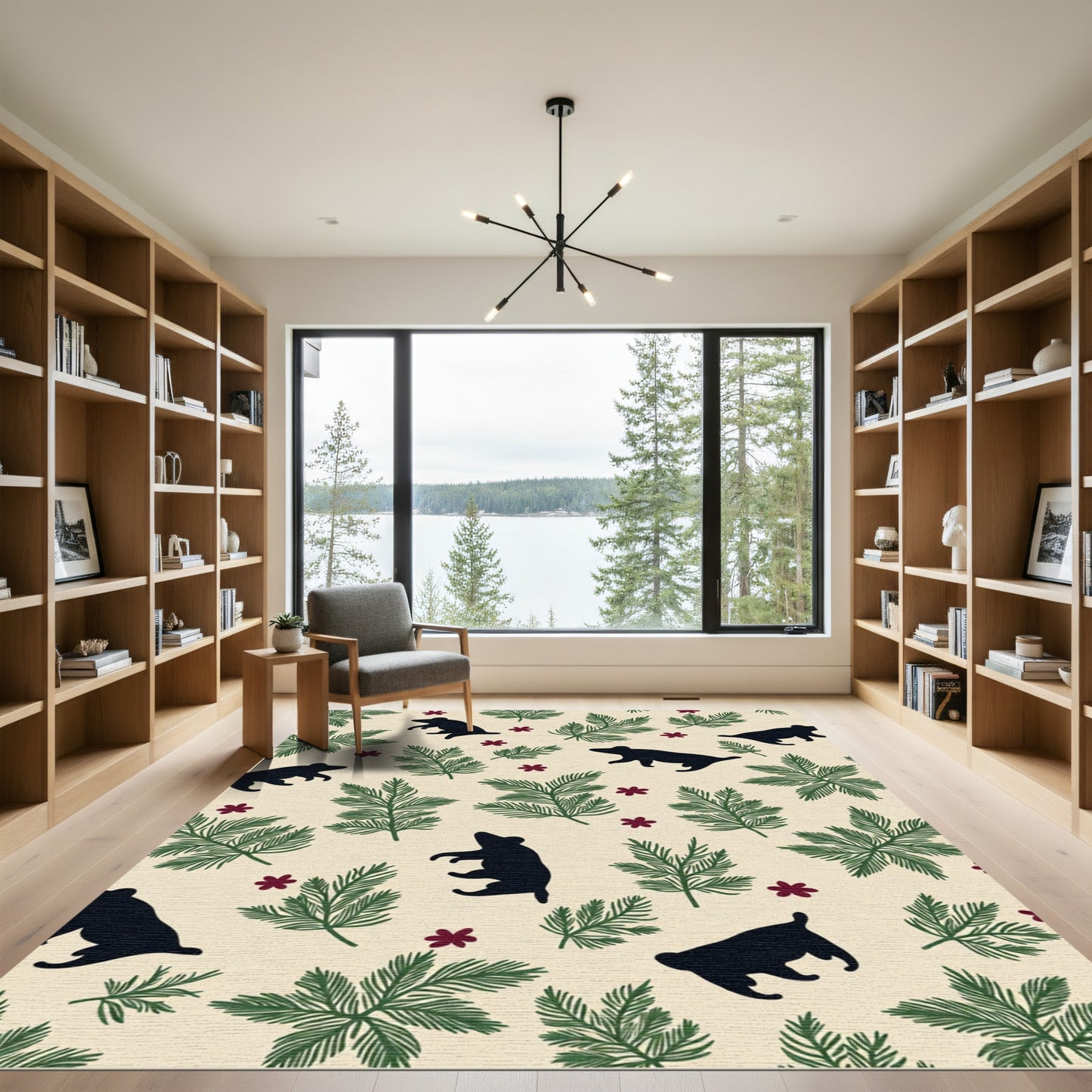 Dark Bear Green Foliage Burgundy Blossoms Rug