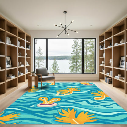 Vibrant Aqua Coral Abstract Waves Rug