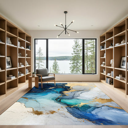 Navy Teal Gold Fluid Swirl Rug