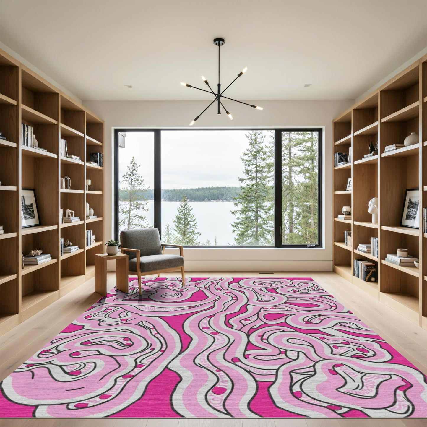Pink Swirl Abstract Line Art Rug