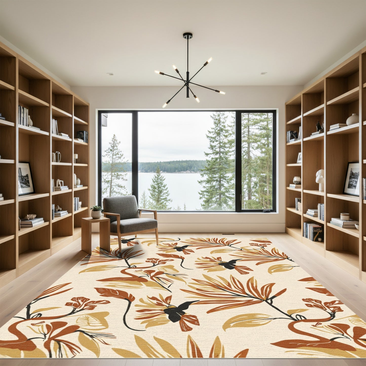 Earthy Autumn Floral Bird Swirl Rug
