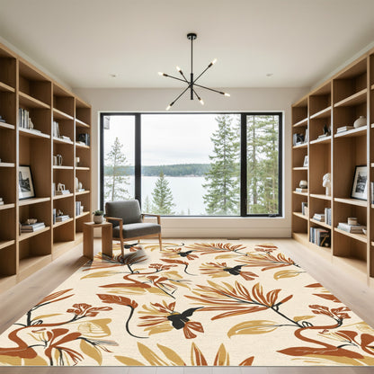 Earthy Autumn Floral Bird Swirl Rug
