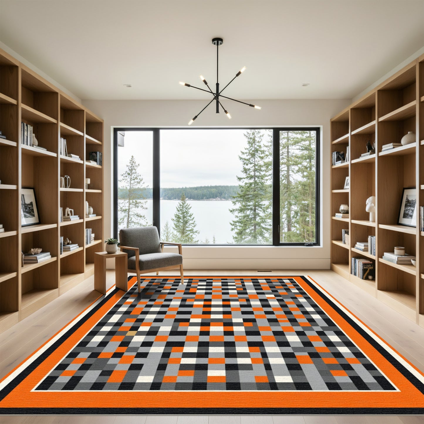 Modern Orange Gray Black Checkerboard Rug
