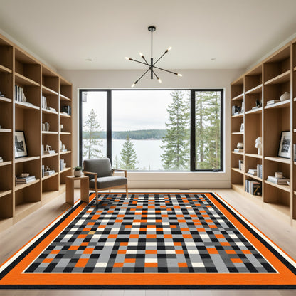 Modern Orange Gray Black Checkerboard Rug