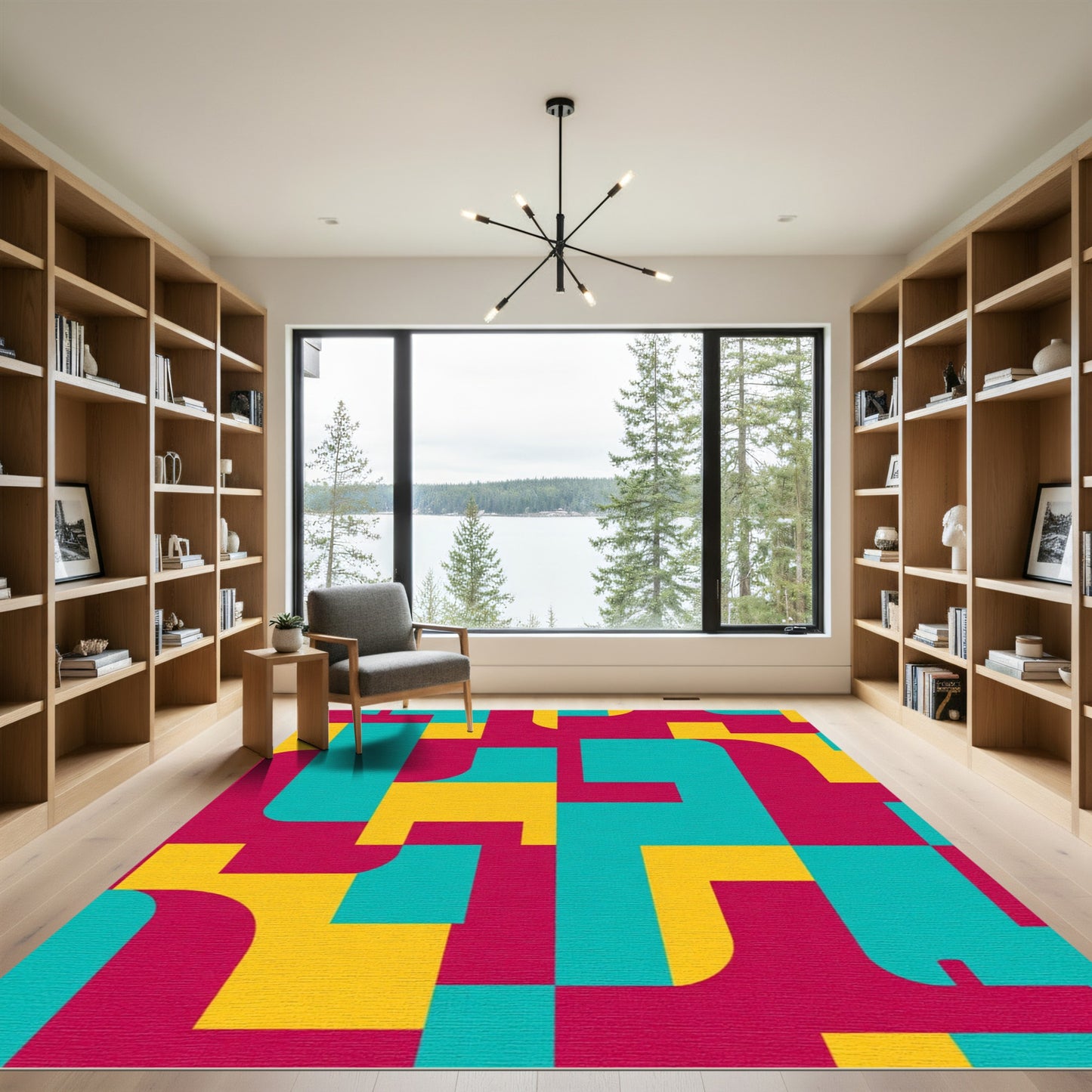 Crimson Teal Yellow Geometric Blocks Rug