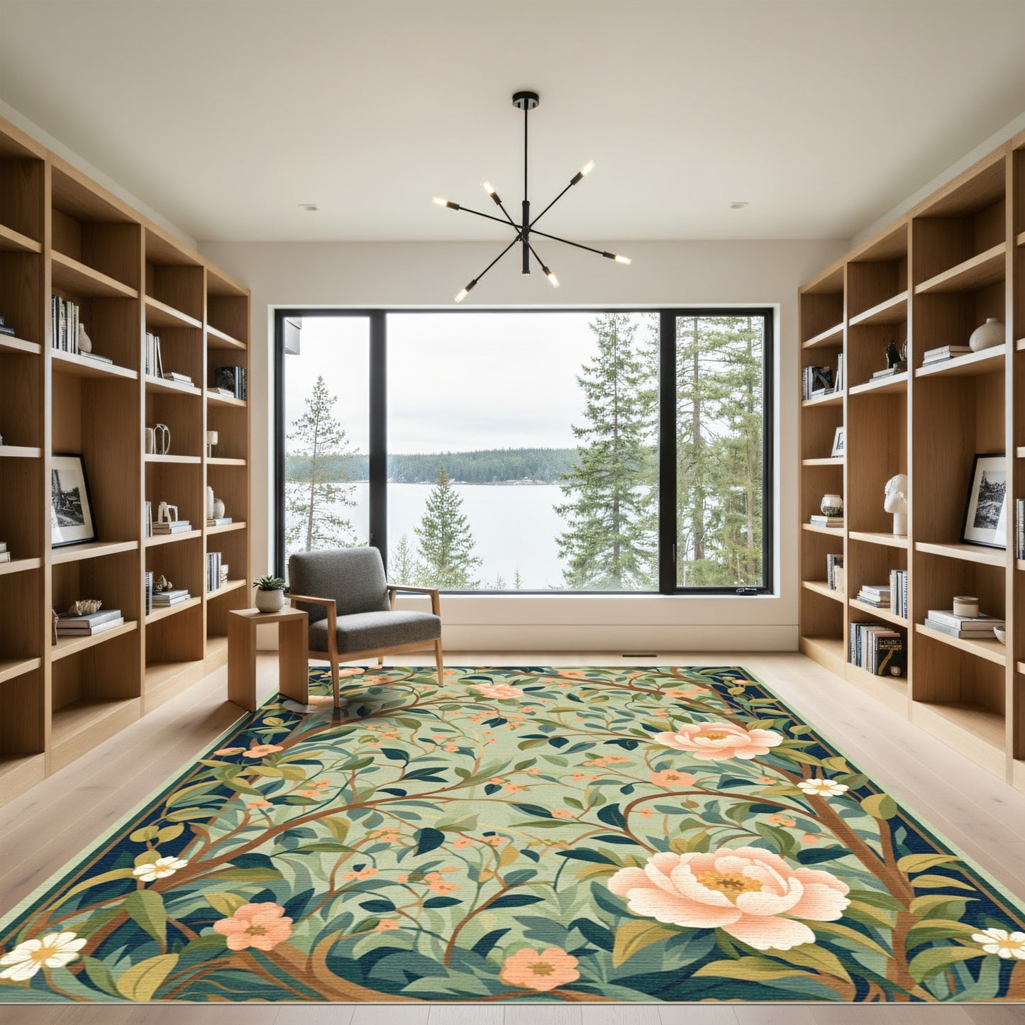 Coral Peony Floral Branch Garden Art Rug
