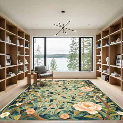 Coral Peony Floral Branch Garden Art Rug
