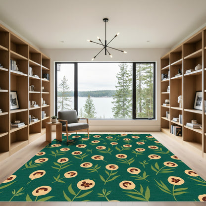Whimsical Cream Flower Garden Teal Rug