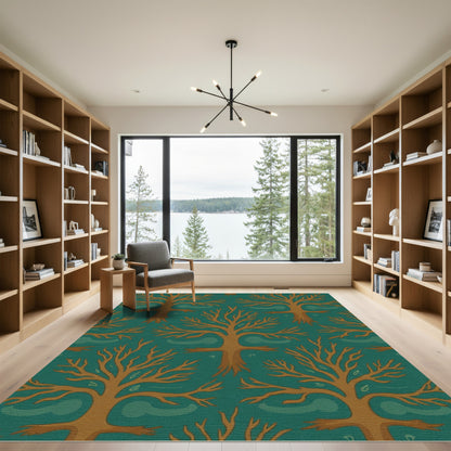 Autumn Tree Swirl Teal Rug