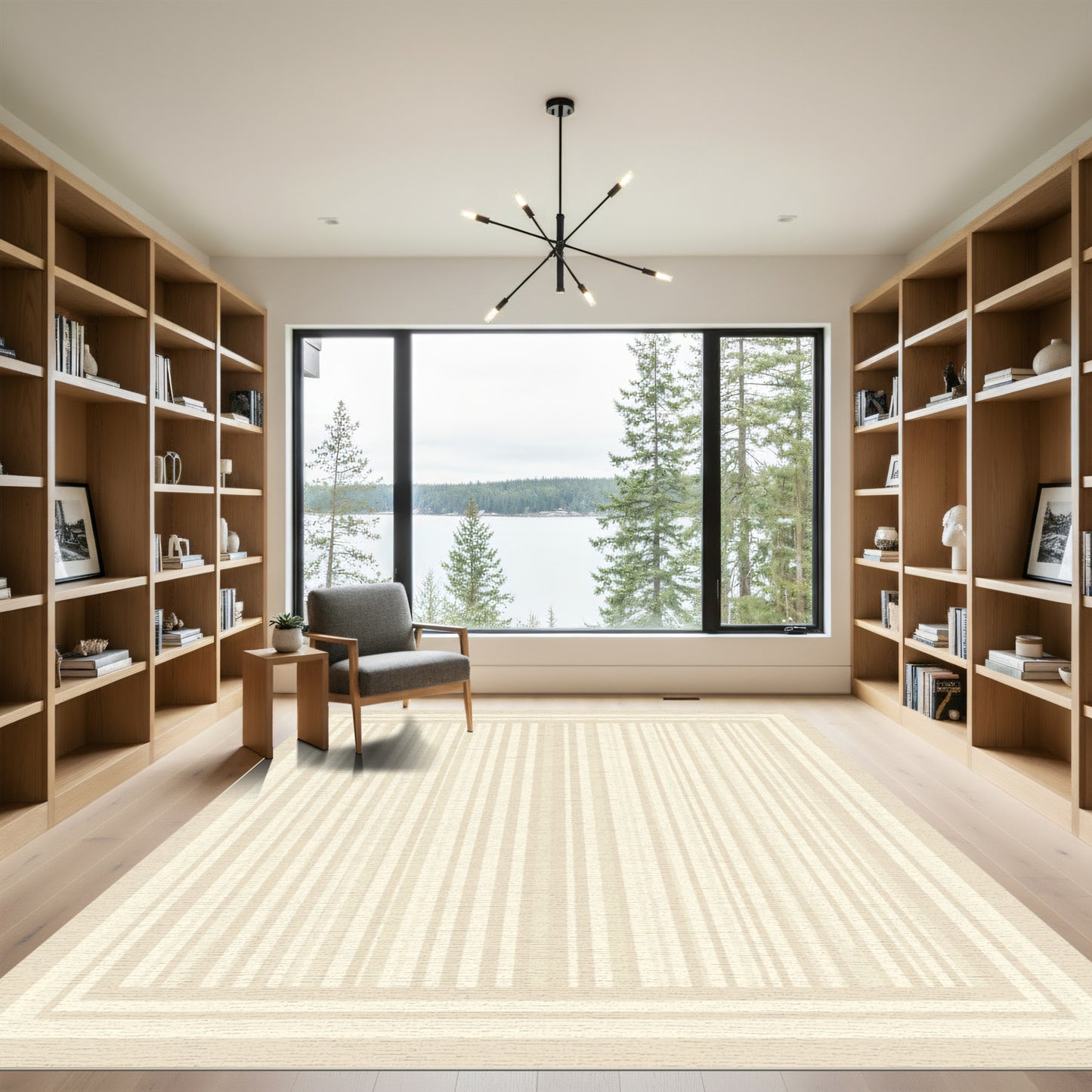 Cream Vertical Stripe Border Rug