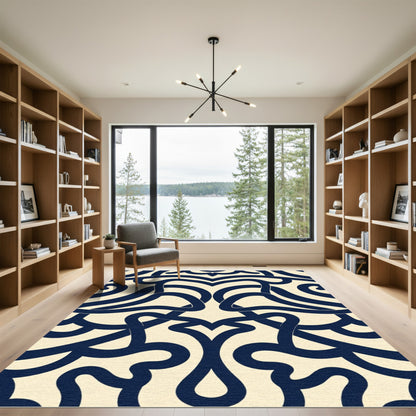 Navy Cream Art Nouveau Swirl Rug