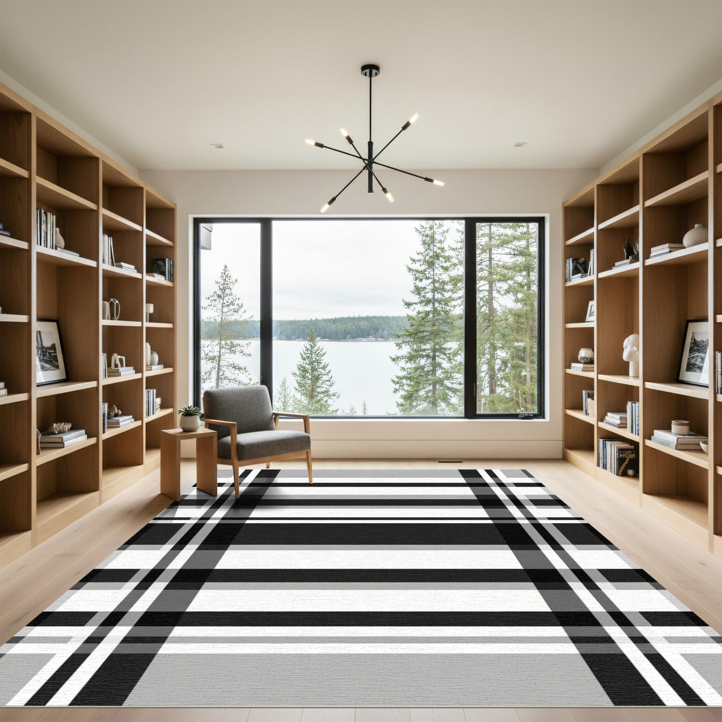 Modern Black White Plaid Stripes Rug