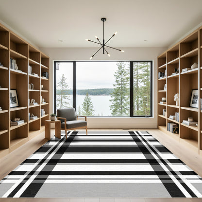 Modern Black White Plaid Stripes Rug