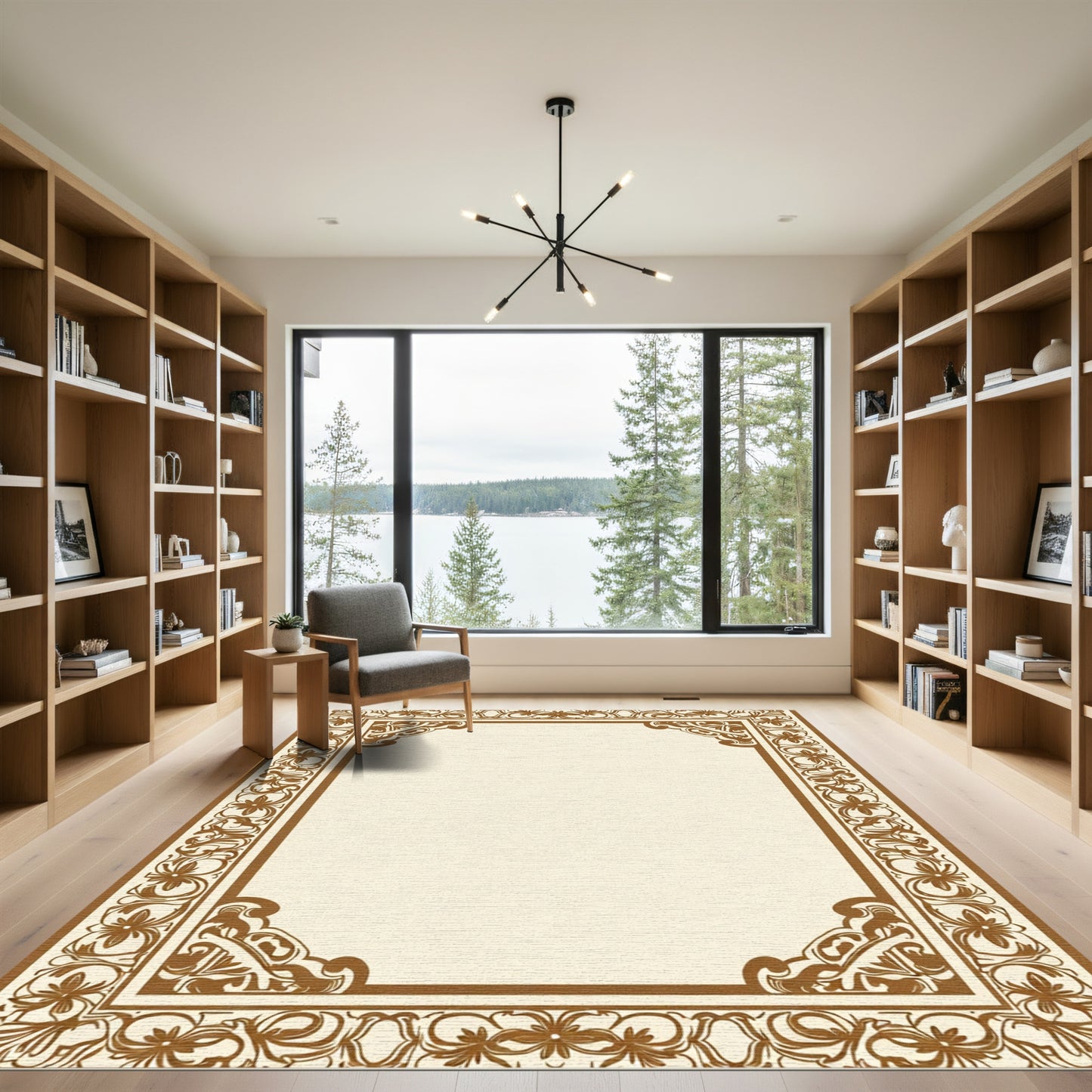 Ornate Brown Floral Border Rug