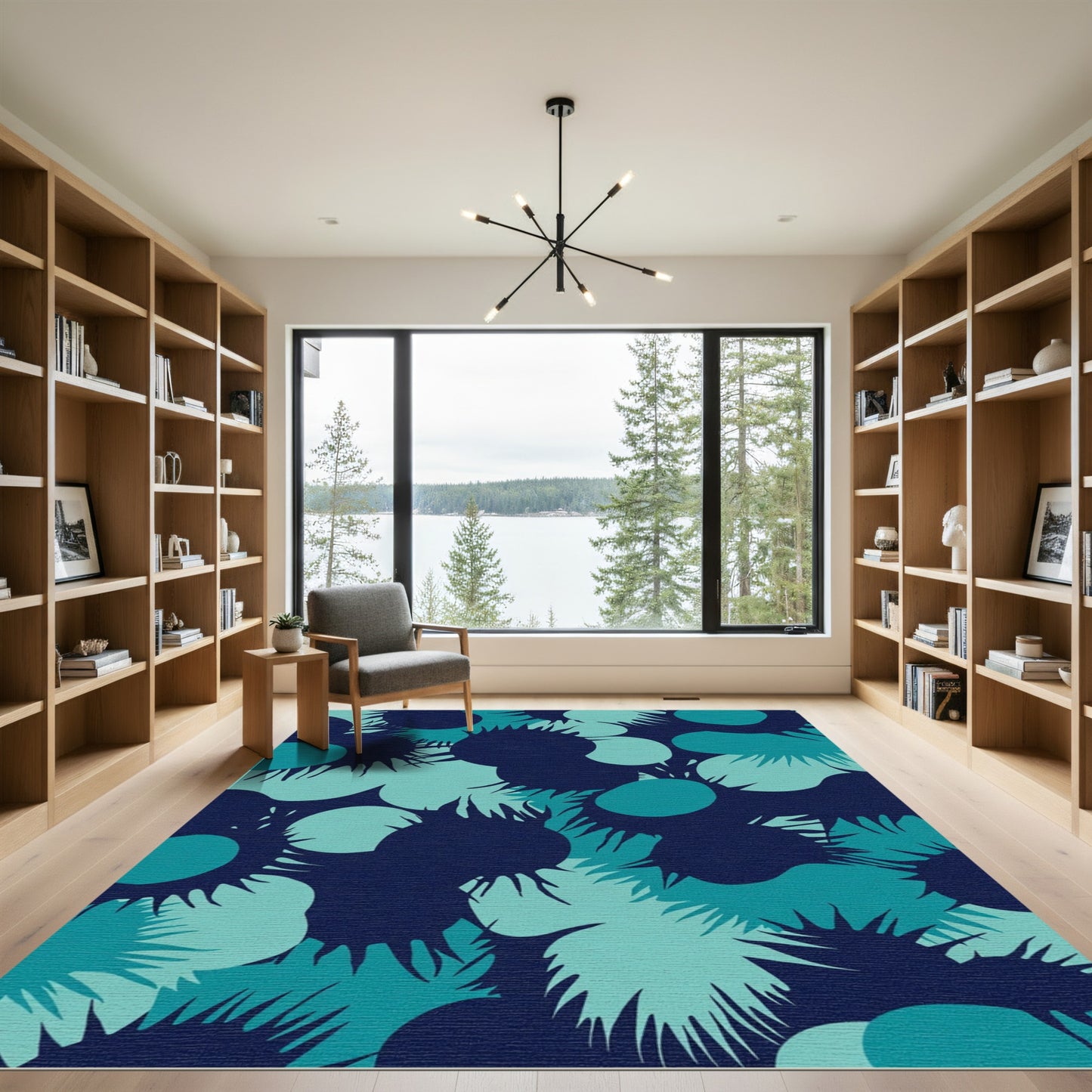 Deep Teal Abstract Floral Burst Rug