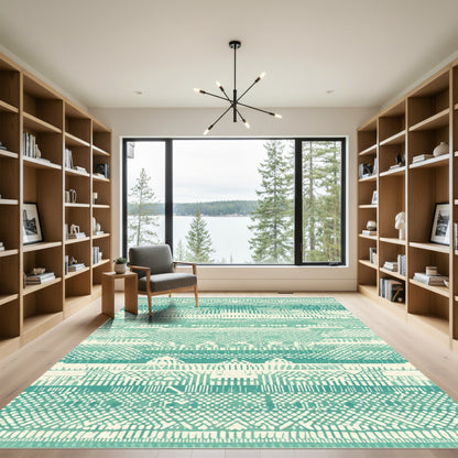 Teal cream eclectic geometric stripes Rug
