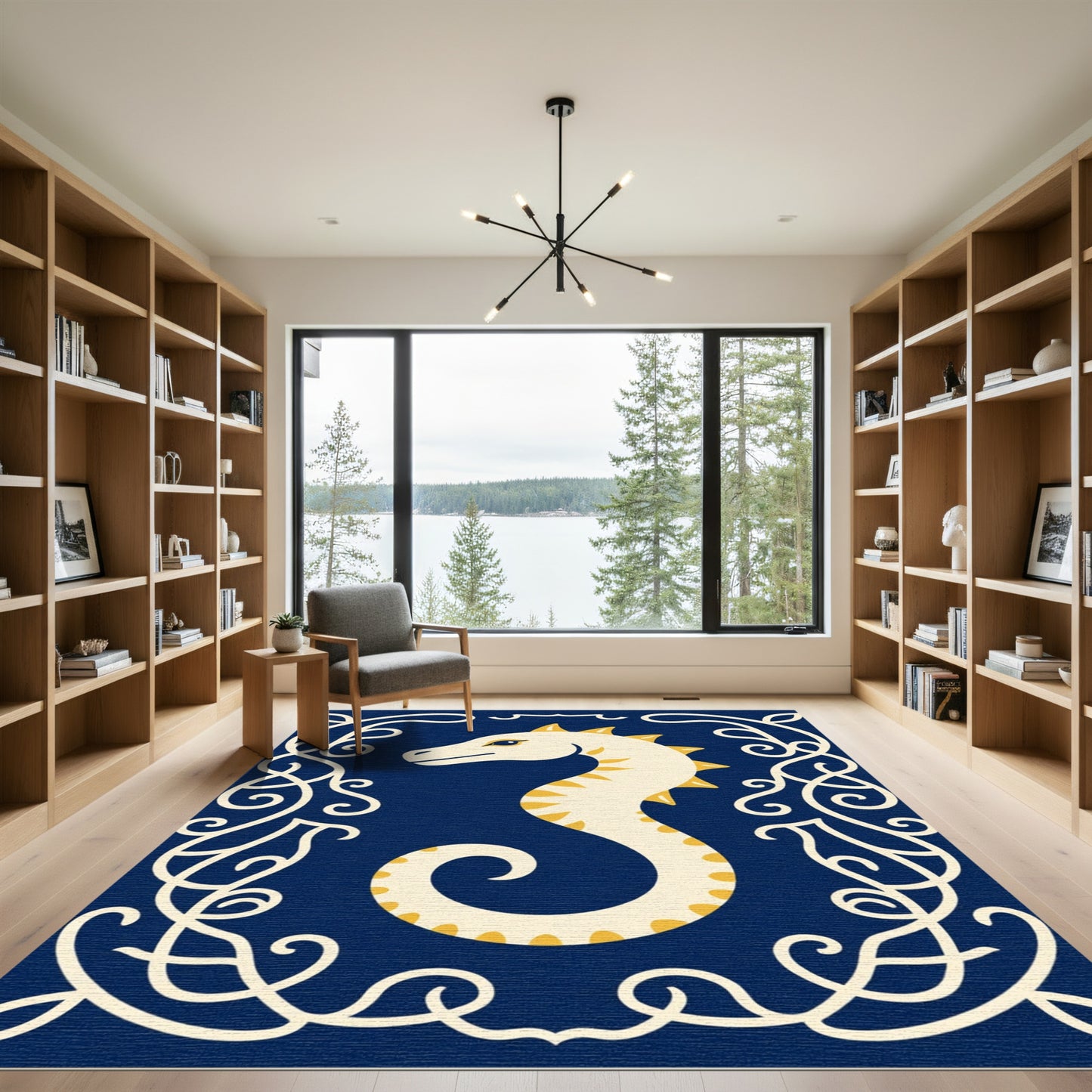 Cream Seahorse Blue Scroll Ornament Rug