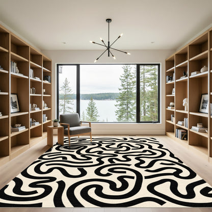 Black Cream Abstract Wavy Lines Rug