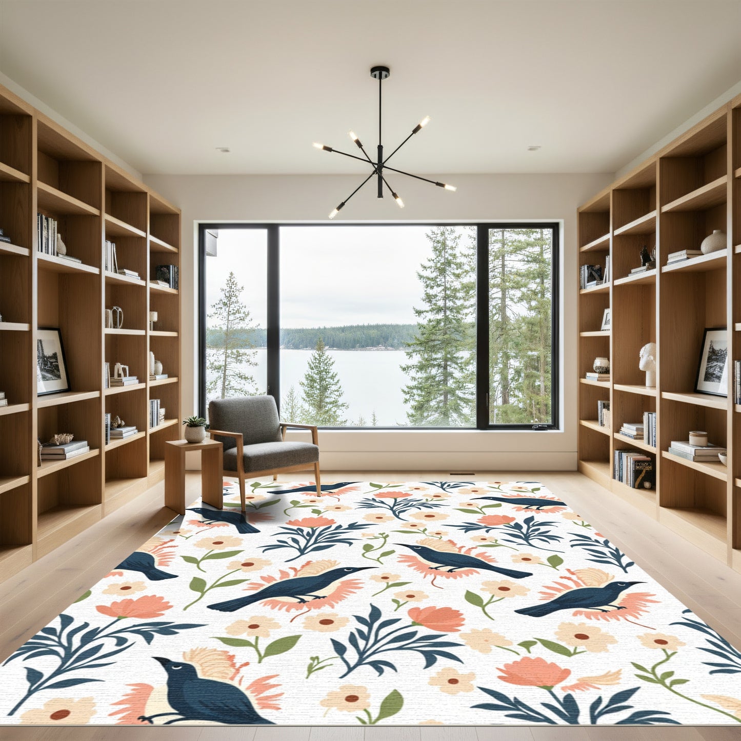 Midnight Blue Birds Peach Floral Grove Rug