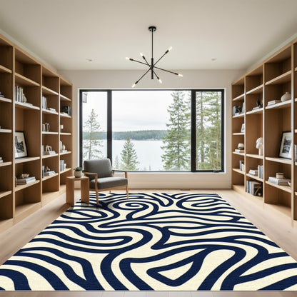 Deep Blue Swirls On Cream Background Rug