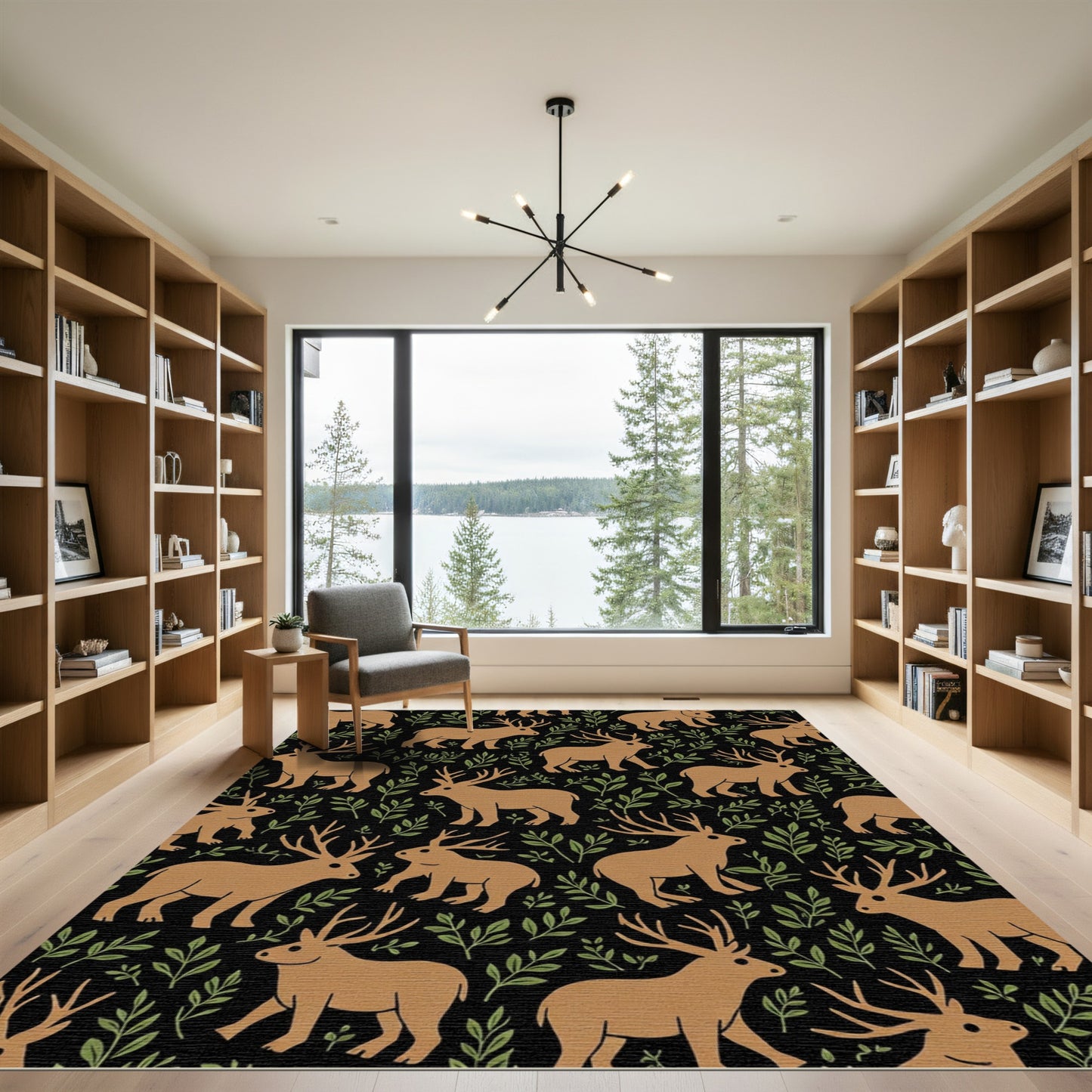 Brown Deer Woodland Meadow Black Rug