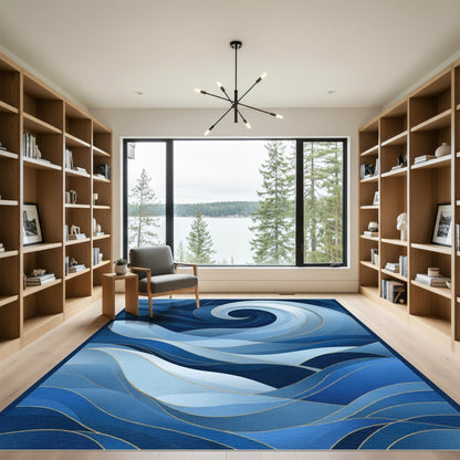 Deep Blue Abstract Swirl Ocean Waves Rug