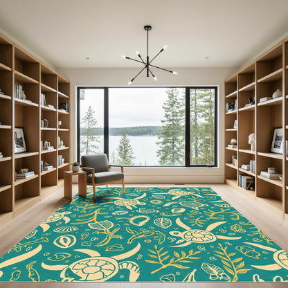 Teal Yellow Turtle Sea Plants Medley Rug